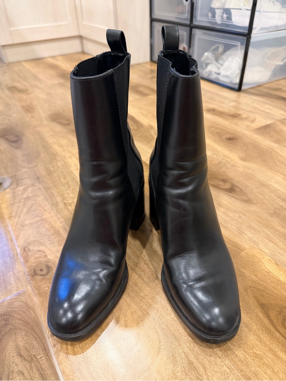 Zara Black Leather Chelsea Ankle Boots with Block Heel